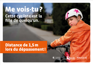 Campagne de sécurité routière vélos - cyclistes "Me vois-tu?" Distance de 1,5 m lors du dépassement!