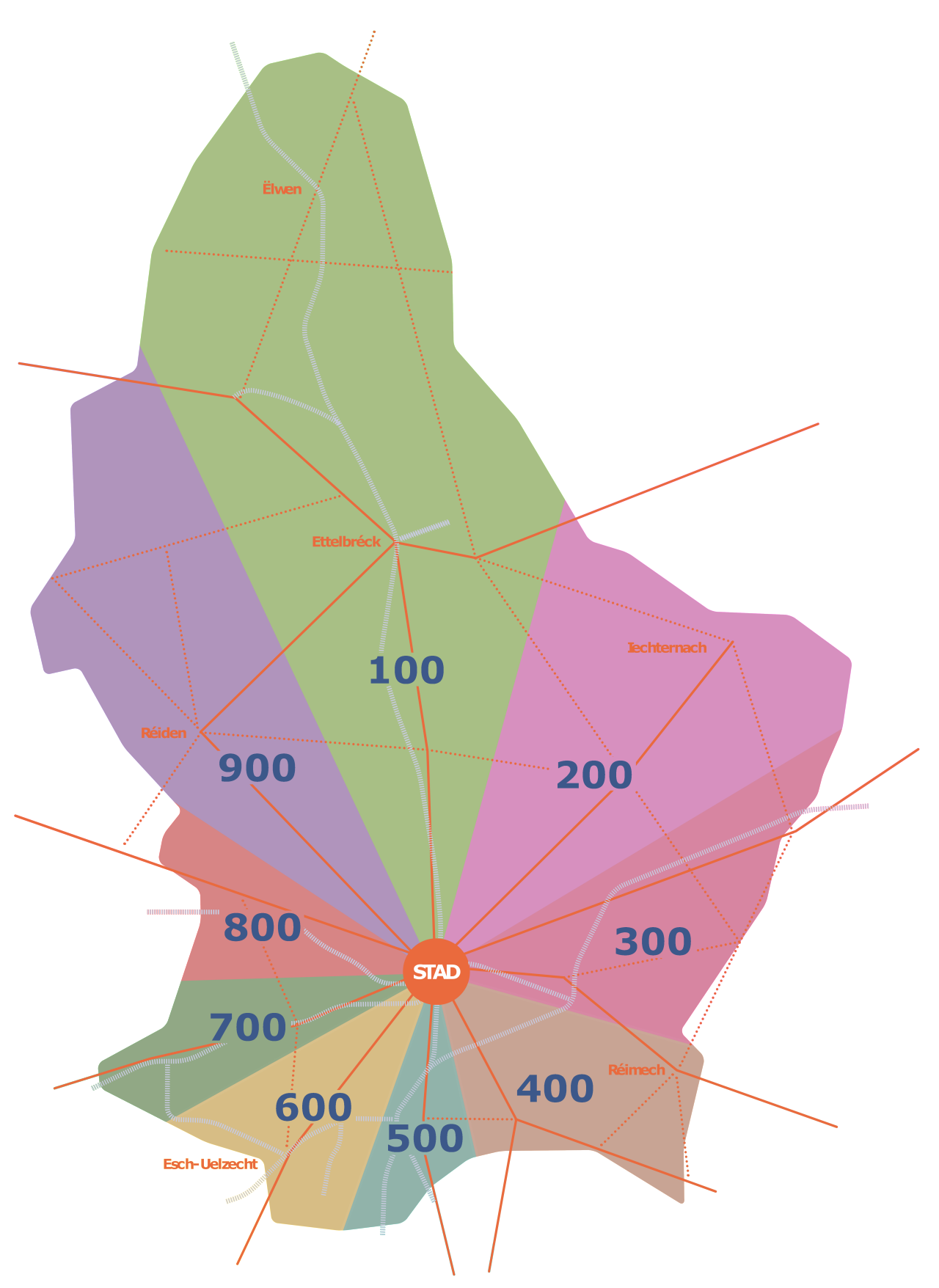 Carte du pays avec les 9 axes principaux des lignes RGTR