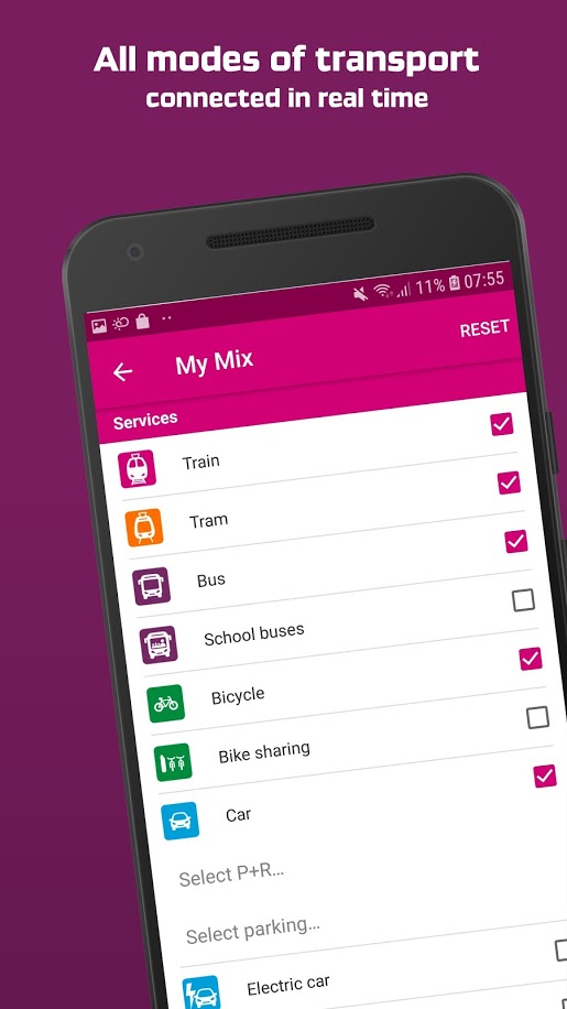 Mix des modes de transports (train, tram, bus, vélo, voiture, P+R, ...) sur la nouvelle app de Mobiliteit.lu