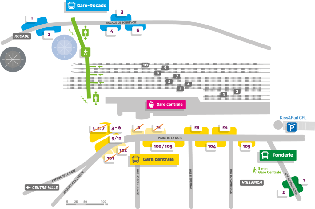 Plan illustrant la localisation des différents quais (Gare centrale, Gare-Rocade, Fonderie) à partir du 03 novembre 2019