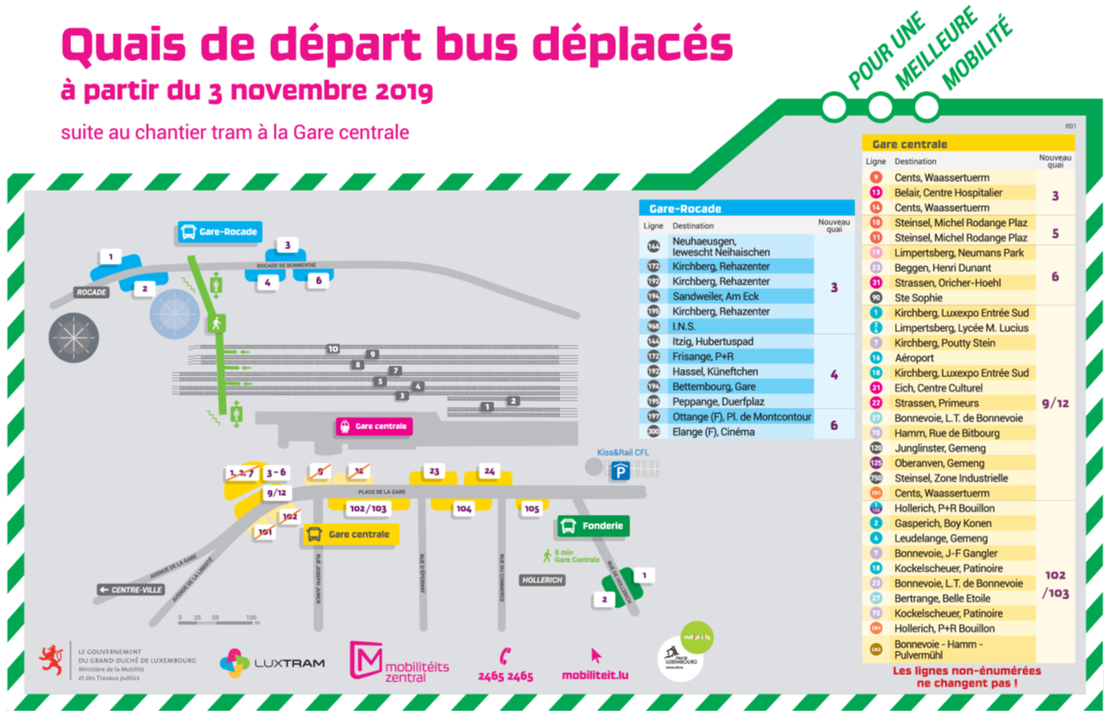 Plan illustrant la localisation des différents quais bus (Gare Centrale, Gare-Rocade, Fonderie) à partir du 03 novembre 2019