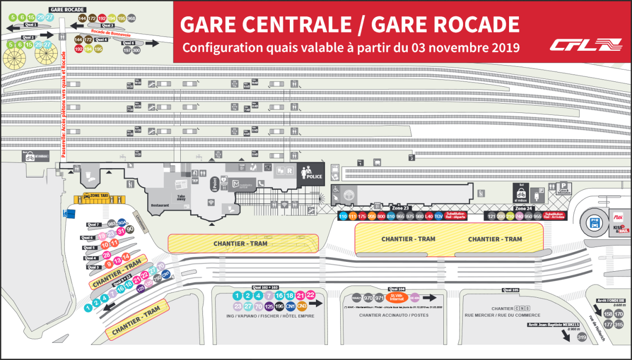 Plan illustrant la localisation des différents quais bus (Gare Centrale, Gare-Rocade) à partir du 03 novembre 2019